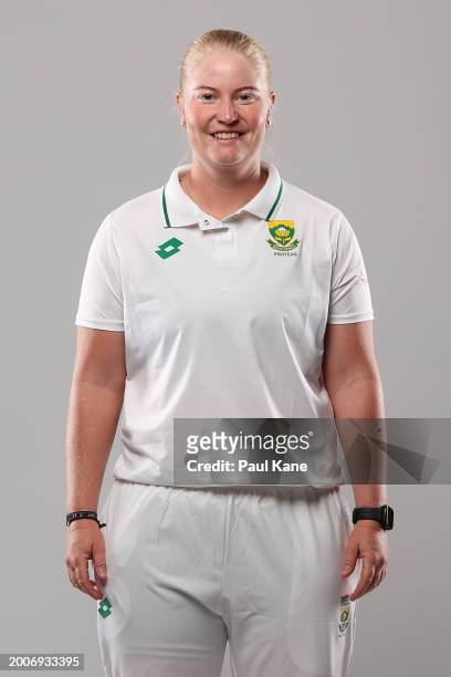 Delmi Tucker of South Africa poses during a South Africa Women's Test Cricket 2024 Headshot Session on February 13, 2024 in Perth, Australia.