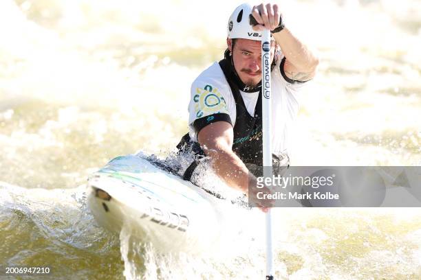 Tristan Carter trains during the Australian 2024 Paris Olympic Games Canoe Slalom Squad Announcement & Training Session at Penrith Whitewater Stadium...