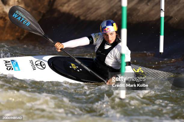 Jessica Fox trains during the Australian 2024 Paris Olympic Games Canoe Slalom Squad Announcement & Training Session at Penrith Whitewater Stadium on...