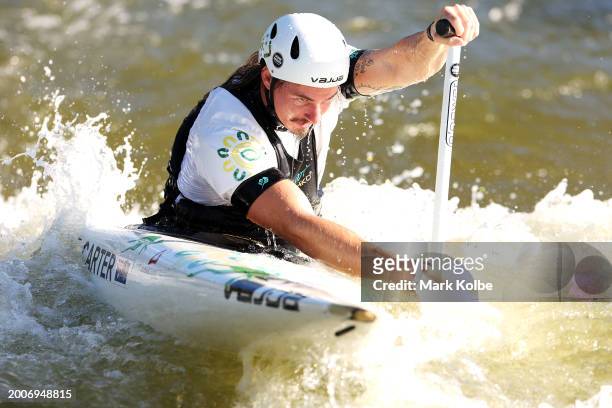 Tristan Carter trains during the Australian 2024 Paris Olympic Games Canoe Slalom Squad Announcement & Training Session at Penrith Whitewater Stadium...