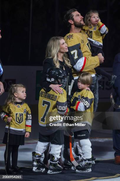 Alex Pietrangelo of the Vegas Golden Knights is joined by his daughter Julia Pietrangelo, his son Oliver Pietrangelo, his wife Jayne Pietrangelo, his...