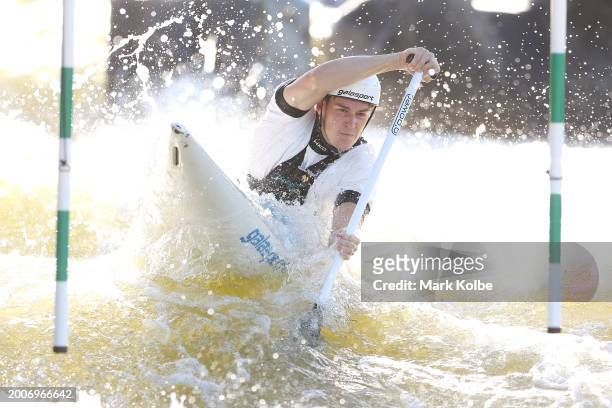 Lachlan Bassett trains during the Australian 2024 Paris Olympic Games Canoe Slalom Squad Announcement & Training Session at Penrith Whitewater...