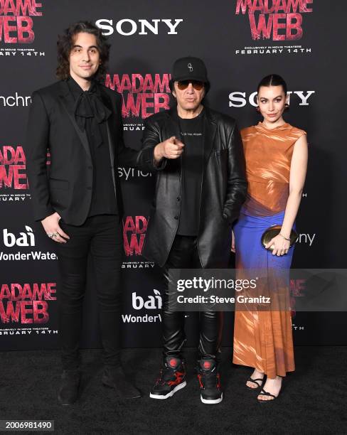 Nick Simmons, Gene Simmons and Sophie Tweed-Simmons arrives at the World Premiere Of Sony Pictures' "Madame Web" at Regency Village Theatre on...