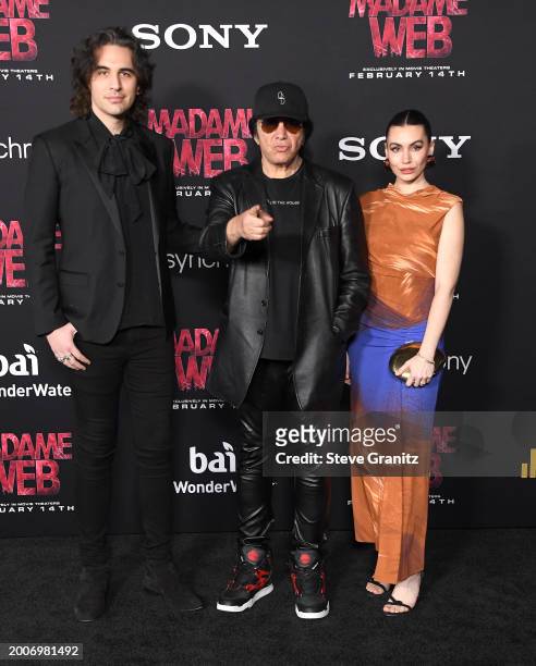 Nick Simmons, Gene Simmons and Sophie Tweed-Simmons arrives at the World Premiere Of Sony Pictures' "Madame Web" at Regency Village Theatre on...