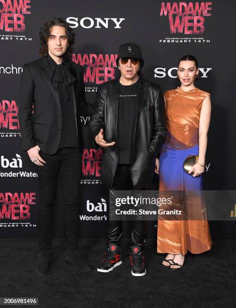 Nick Simmons, Gene Simmons and Sophie Tweed-Simmons arrives at the World Premiere Of Sony Pictures' "Madame Web" at Regency Village Theatre on...