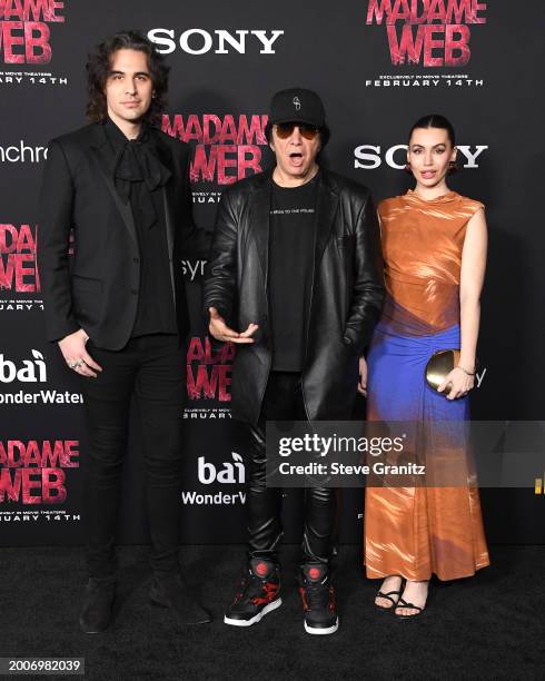 Nick Simmons, Gene Simmons, Sophie Tweed-Simmons arrives at the World Premiere Of Sony Pictures' "Madame Web" at Regency Village Theatre on February...
