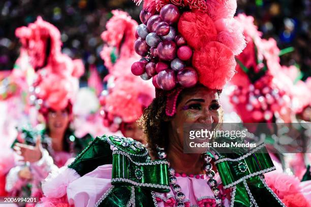 Member of Mangueira performs during 2024 Carnival parades at Sapucai Sambodrome on February 12, 2024 in Rio de Janeiro, Brazil.