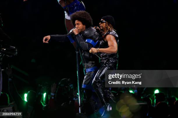 Ludacris and Lil Jon perform onstage during the Apple Music Super Bowl LVIII Halftime Show at Allegiant Stadium on February 11, 2024 in Las Vegas,...