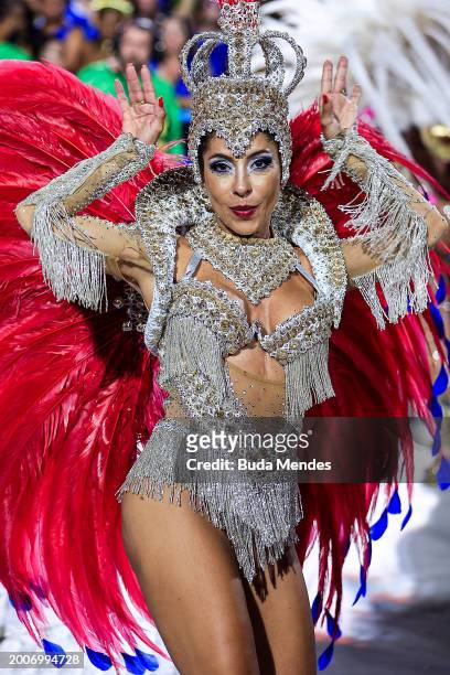 Member of Mangueira performs during 2024 Carnival parades at Sapucai Sambodrome on February 12, 2024 in Rio de Janeiro, Brazil.