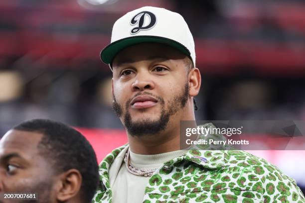 Dion Dawkins of the Buffalo Bills looks on prior to Super Bowl LVIII between the Kansas City Chiefs and the San Francisco 49ers at Allegiant Stadium...