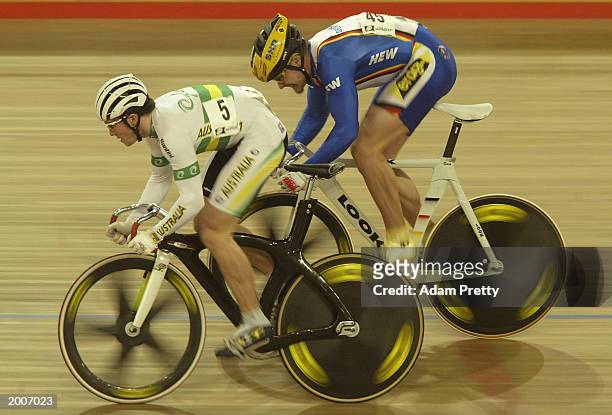 Mark French of Australia leads Jens Fiedler in the men's Sprint finals during the UCI World Cup Track Cycling May 17, 2003 at the Dunc Gray Veledrome...