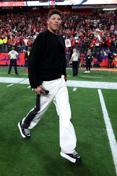 Jackson Mahomes walks on the field after Super Bowl LVIII between the Kansas City Chiefs and the San Francisco 49ers against the San Francisco 49ers...