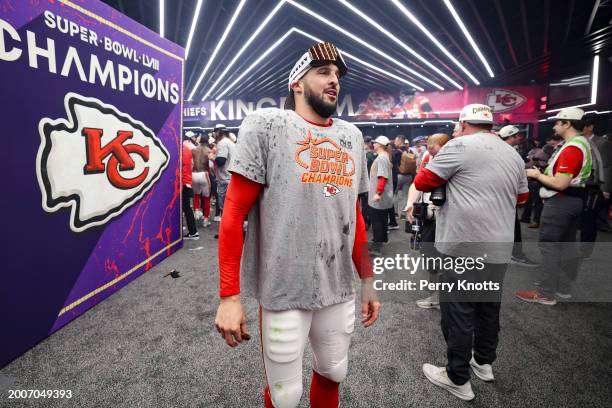 James Winchester of the Kansas City Chiefs celebrates in the locker room after Super Bowl LVIII against the San Francisco 49ers at Allegiant Stadium...