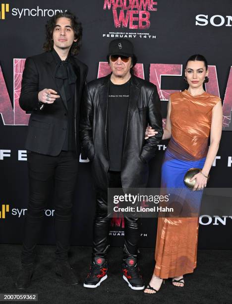 Nick Simmons, Gene Simmons, and Sophie Tweed-Simmons attend the World Premiere of Sony Pictures' "Madame Web" at Regency Village Theatre on February...