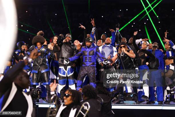 Usher, Lil Jon, and Ludacris perform during halftime of Super Bowl LVIII between the Kansas City Chiefs and the San Francisco 49ers at Allegiant...