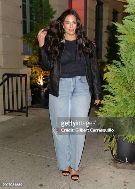 Model Ashley Graham is seen leaving Frame Spring 2024 Campaign Celebration Dinner with Gisele Bündchen during New York Fashion Week on February 12,...