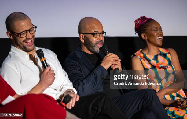Writer / director Cord Jefferson and actors Jeffrey Wright and Erika Alexander attend the Film Independent Presents Directors Close-Up With...Cord...