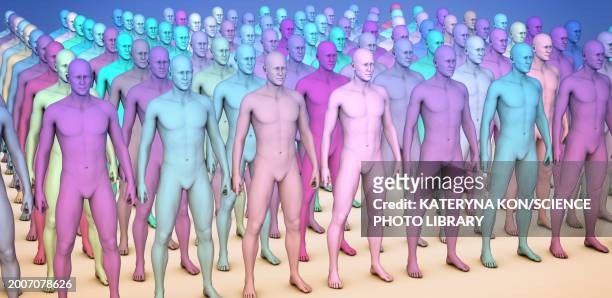clones of identical people in different colours, illustration - organized stock illustrations