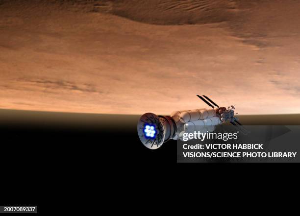 ilustraciones, imágenes clip art, dibujos animados e iconos de stock de fusion drive spaceship arriving in mars orbit, illustration - vehículo espacial