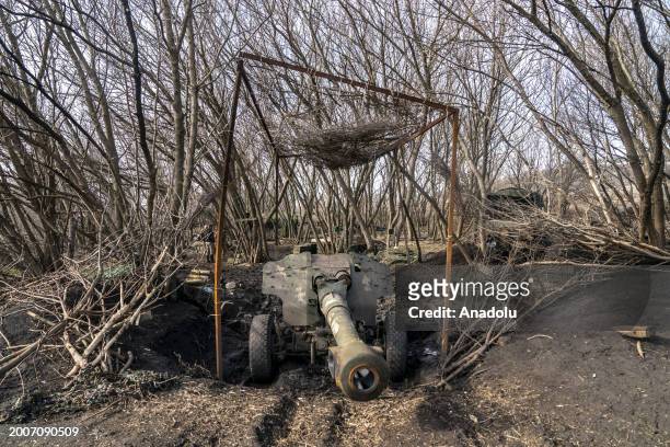 Russian-origin M1955 152mm Howitzer cannon, also known as D-20 against Russian positions is seen as Russia-Ukraine war continues in Donetsk Oblast,...