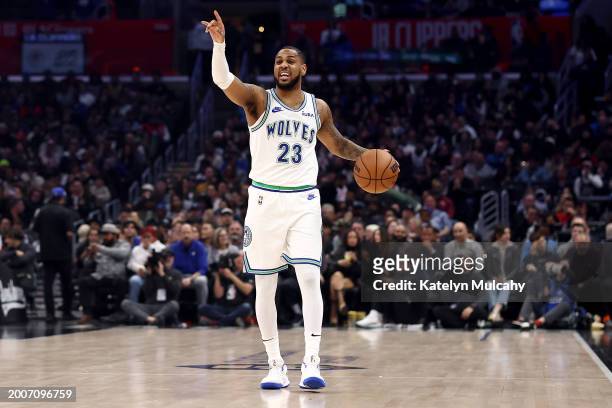 Monte Morris of the Minnesota Timberwolves calls out a play during the second quarter against the Los Angeles Clippers at Crypto.com Arena on...