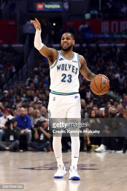 Monte Morris of the Minnesota Timberwolves calls out a play during the second quarter against the Los Angeles Clippers at Crypto.com Arena on...