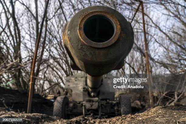 Russian-origin M1955 152mm Howitzer cannon, also known as D-20 against Russian positions is seen as Russia-Ukraine war continues in Donetsk Oblast,...