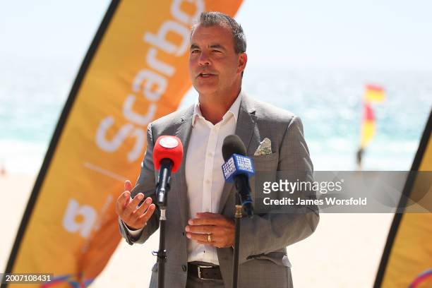 Mayor of City of Sterling Mark Irwin speaks during the 3x3Hustle Scarborough Beach Slam & Junior Nationals Launch at Scarborough Beach Foreshore on...