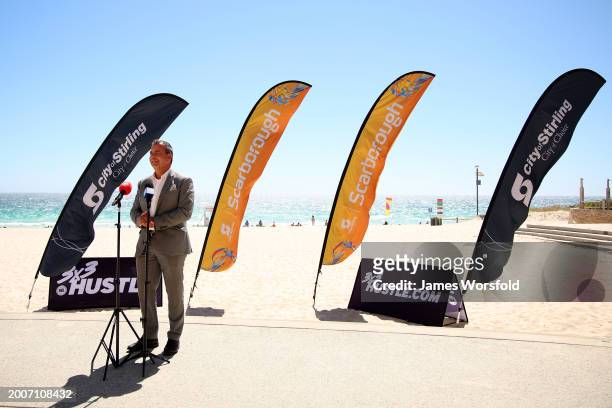 Mayor of City of Sterling Mark Irwin speaks during the 3x3Hustle Scarborough Beach Slam & Junior Nationals Launch at Scarborough Beach Foreshore on...