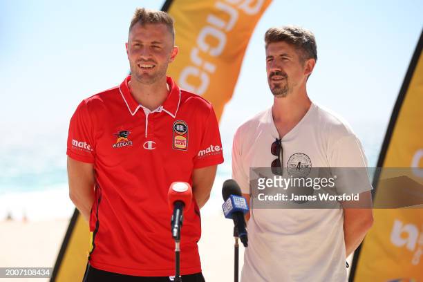 S Perth Wildcats player Jesse Wagstaff and Greg Hire, founder of A Stitch in Time and former Perth Wildcats player, speak during the 3x3Hustle...