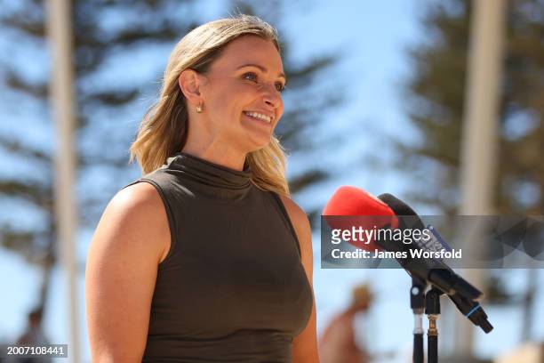 Jaele Patrick, head of 3x3Hustle, speaks during the 3x3Hustle Scarborough Beach Slam & Junior Nationals Launch at Scarborough Beach Foreshore on...