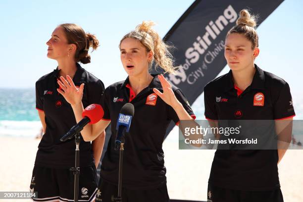 S Perth Lynx Players Miela Goodchild , Anneli Maley and Amy Atwell speak during the 3x3Hustle Scarborough Beach Slam & Junior Nationals Launch at...