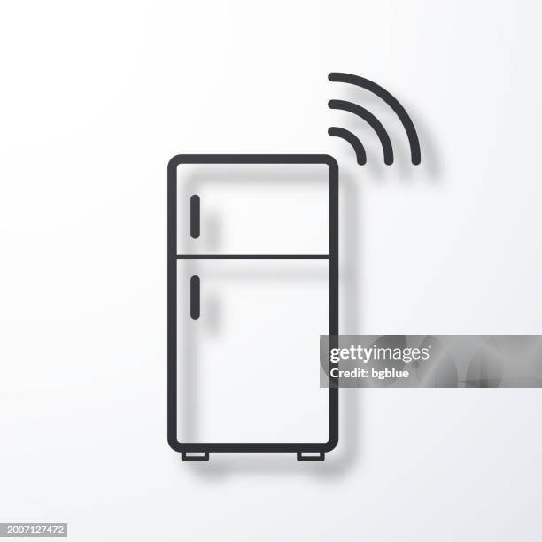 smart refrigerator. line icon with shadow on white background - sub zero kitchen stock illustrations