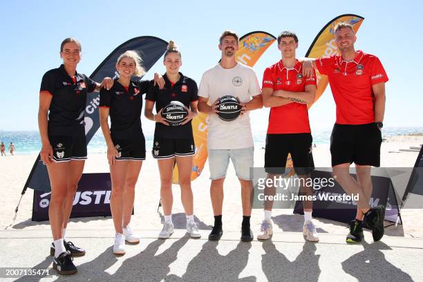 S Perth Lynx players Anneli Maley, Miela Goodchild and Amy Atwell, Greg Hire, founder of A Stitch in Time and former Perth Wildcats player, and NBL’s...