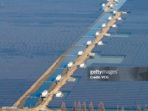 Aerial view of a fishery-solar hybrid photovoltaic power generation project on February 13, 2024 in Changzhou, Jiangsu Province of China.