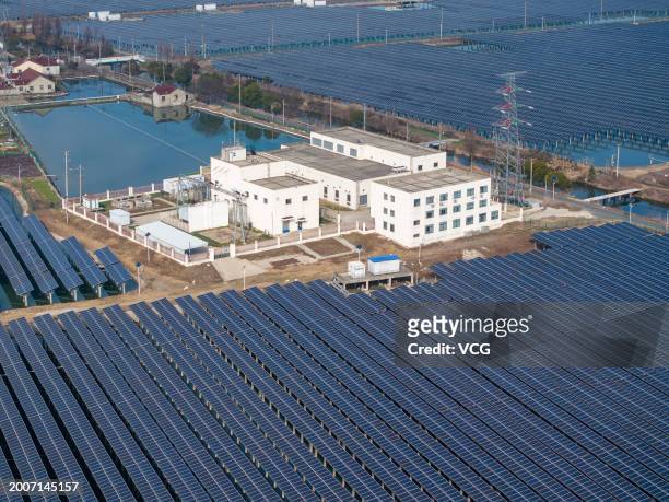 Aerial view of a fishery-solar hybrid photovoltaic power generation project on February 13, 2024 in Changzhou, Jiangsu Province of China.
