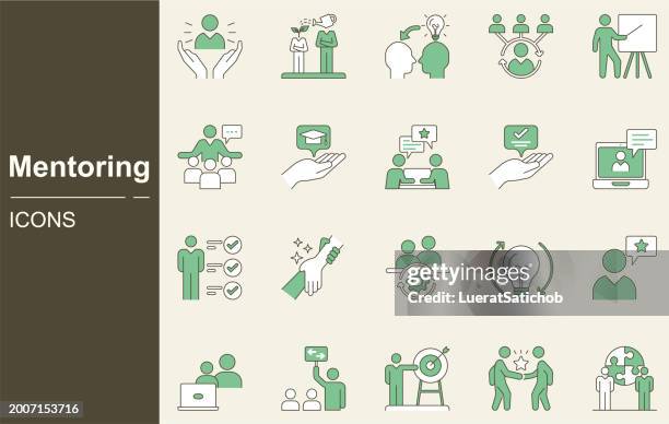 mentoring-icon-set. transfer, hilfe bei der kompetenzentwicklung, wissensaustausch, persönliche, berufliche wachstumsidee, vorbild, coach, manager, student, e-learning, unterstützung, bildung, teamarbeit, partnerschaft - auszubildender stock-grafiken, -clipart, -cartoons und -symbole