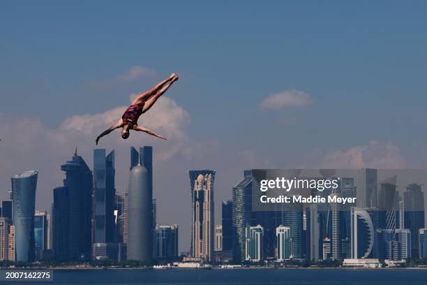 Ellie Smart of Team United States competes in the Women's 20m High Diving Rounds 1 & 2 on day twelve of the Doha 2024 World Aquatics Championships at...