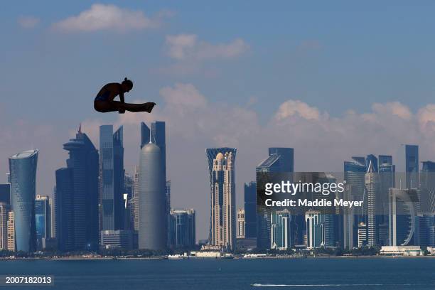 Rhiannan Iffland of Team Australia competes in the Women's 20m High Diving Rounds 1 & 2 on day twelve of the Doha 2024 World Aquatics Championships...