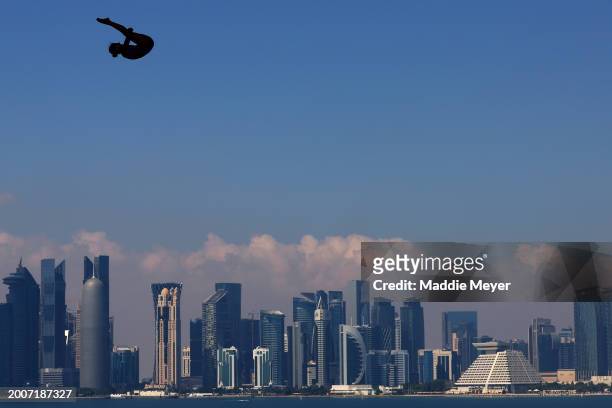 Patricia Valente of Team Brazil competes in the Women's 20m High Diving Rounds 1 & 2 on day twelve of the Doha 2024 World Aquatics Championships at...