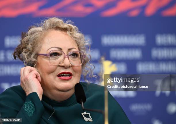 February 2024, Berlin: Actress Lily Farhadpour speaks at the press conference for the film "Keyke Mahboobe Man" during the 74th Berlinale. The...