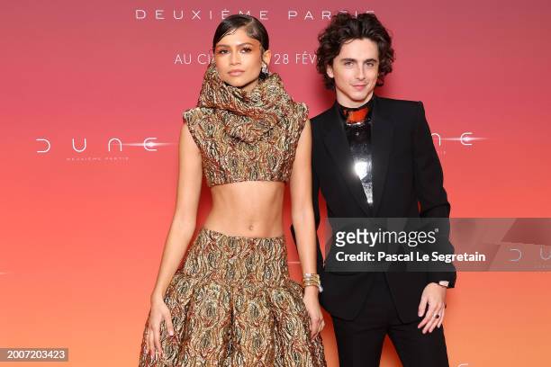 Zendaya and Timothée Chalamet attend the "Dune 2" Premiere at Le Grand Rex on February 12, 2024 in Paris, France.