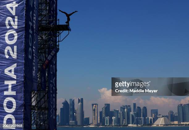 Ellie Smart of Team United States competes in the Women's 20m High Diving Rounds 1 & 2 on day twelve of the Doha 2024 World Aquatics Championships at...