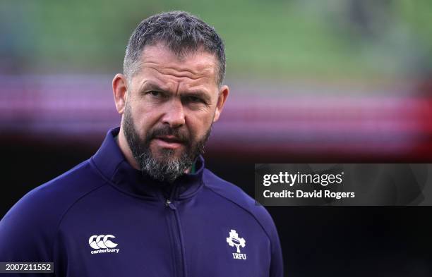 Andy Farrell, the Ireland head coach looks on during the Guinness Six Nations 2024 match between Ireland and Italy at Aviva Stadium on February 11,...