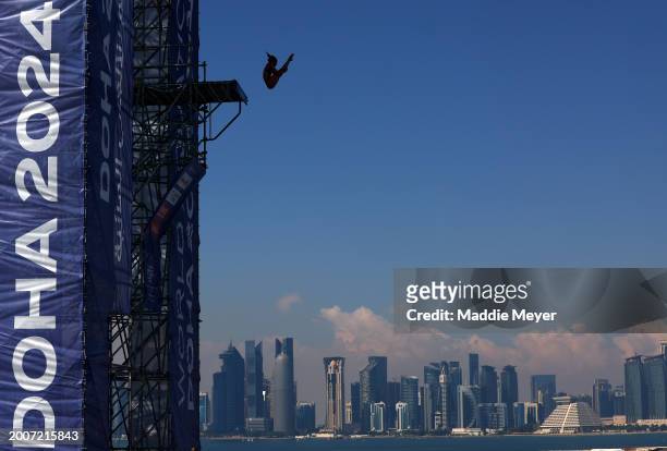 Anna Bader of Team Germany competes in the Women's 20m High Diving Rounds 1 & 2 on day twelve of the Doha 2024 World Aquatics Championships at Doha...