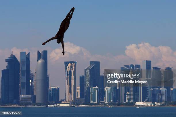 Annika Bornebusch of Team Denmark competes in the Women's 20m High Diving Rounds 1 & 2 on day twelve of the Doha 2024 World Aquatics Championships at...