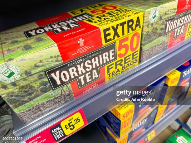Box of Yorkshire Tea, tea bags by Bettys & Taylors Group with an extra 50 free bags promotion is displayed for sale on a supermarket shelf on...