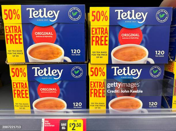 Boxes of Tetley Tea, tea bags with an extra 50% percent promotion is displayed for sale on a supermarket shelf on February 1, 2024 in Leigh on Sea,...