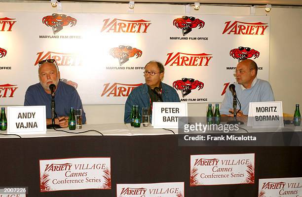 Variety's editor-in-cheif Peter Bart with "Terminator 3: Rise of the Machines" producer's Andy Vajna and Moritz Borman speak during the "Variety...