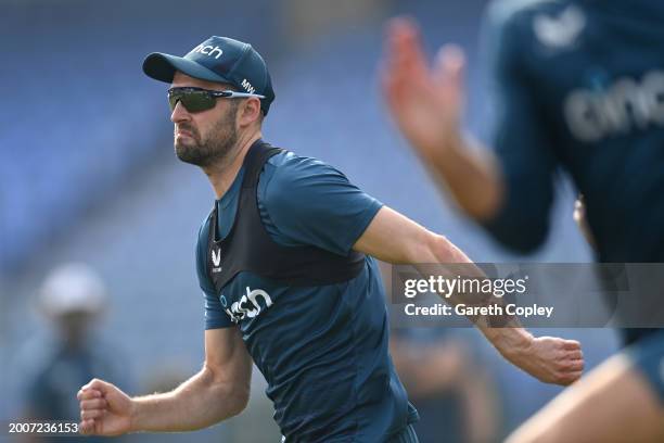 Mark Wood of England during a nets session at Saurashtra Cricket Association Stadium on February 13, 2024 in Rajkot, India.